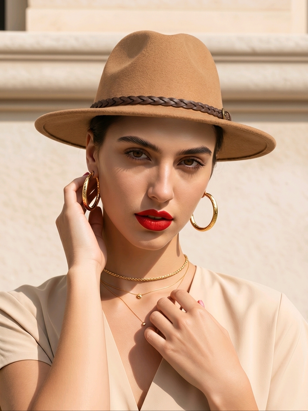 GOODFELLOW Classic Tan Wool Fedora Hat with Braided Band